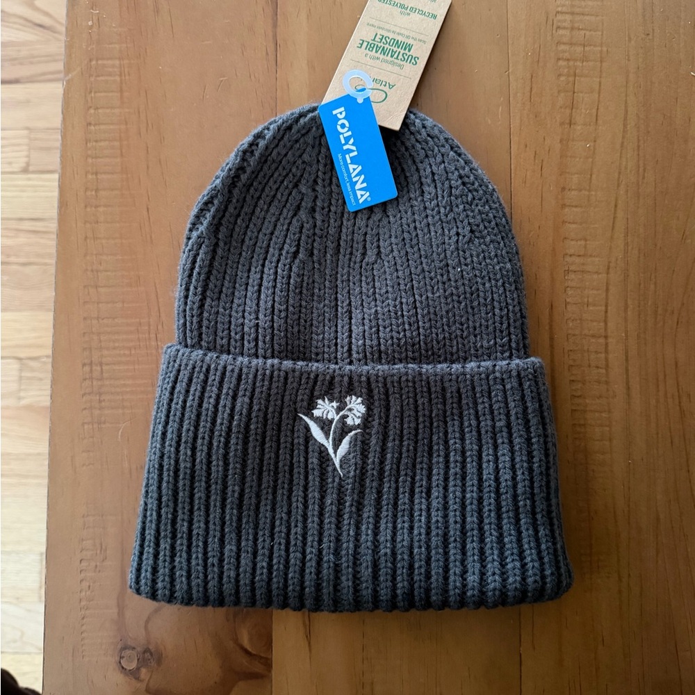 AVEDA Gray Knit Beanie with White Embroidery